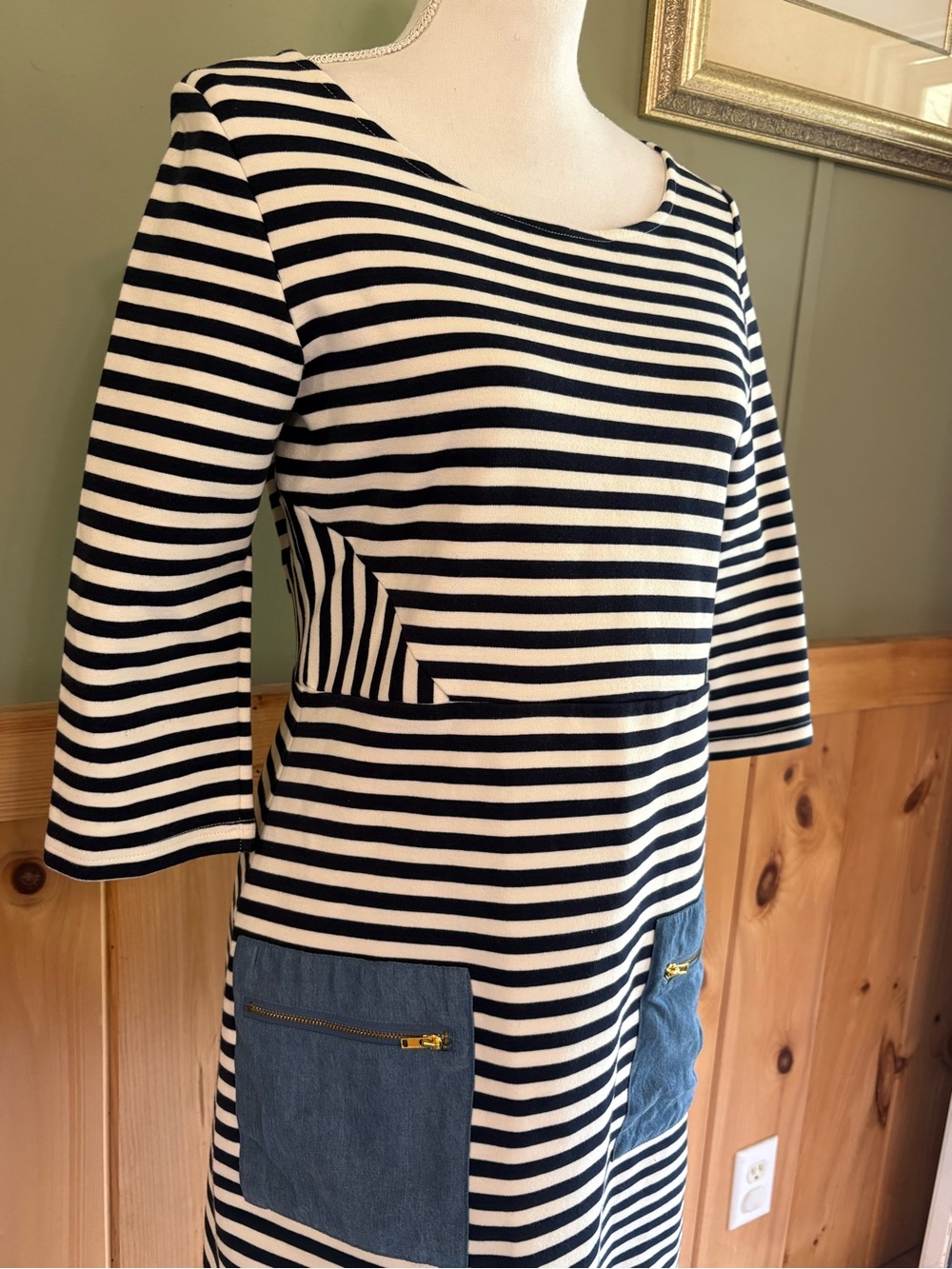 Tabitha Black and White Striped Midi Dress with Denim Patch Pockets - Picture 2 of 13